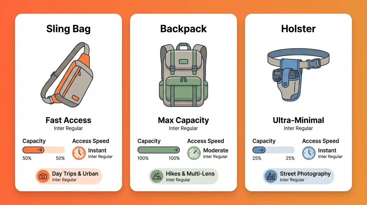 Diagram comparing sling bag backpack and holster camera bags for beginners showing capacity access and use cases