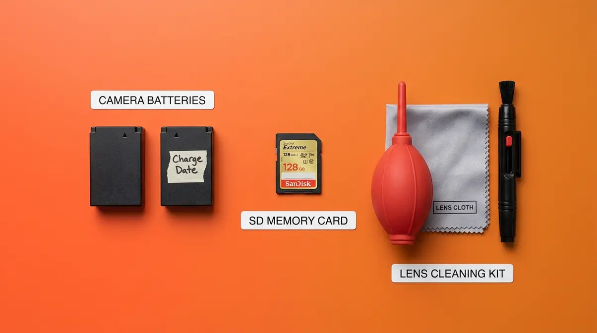 Camera batteries memory card and cleaning kit flat lay showing beginner workflow essentials for photography