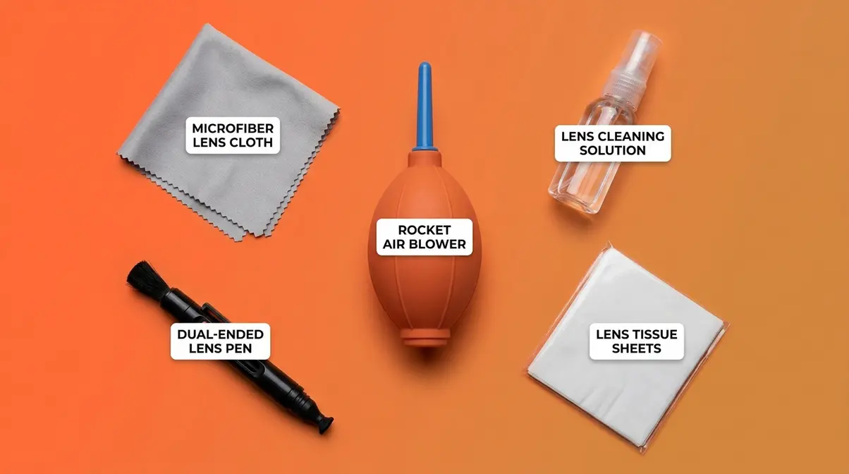 Flat lay of camera cleaning kit with air blower lens cloth cleaning pen and solution labeled for beginners