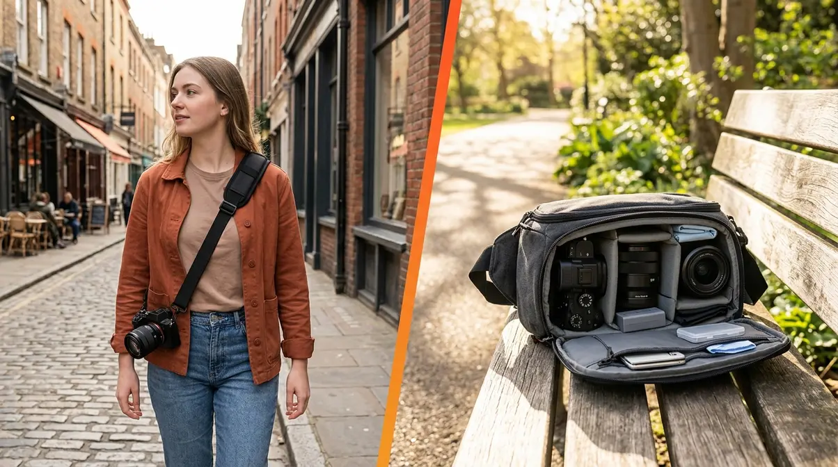Photographer wearing padded sling strap and open camera sling bag showing organized gear compartments
