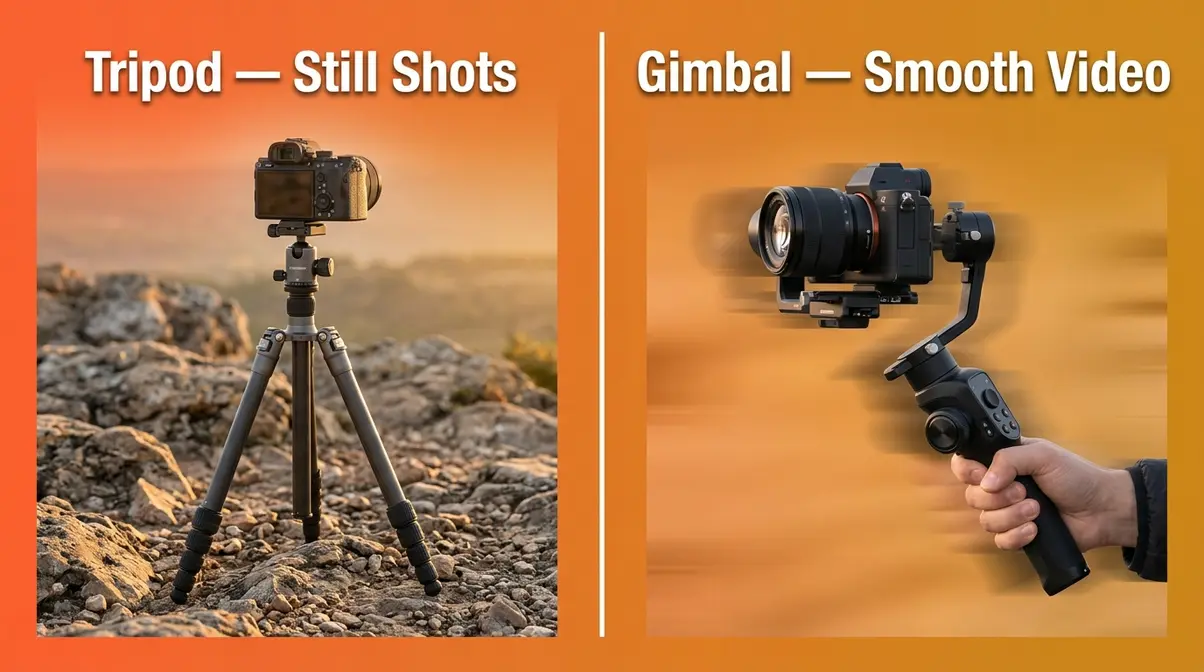 Camera tripod and 3-axis gimbal stabilizer side by side for beginner photographer stability comparison