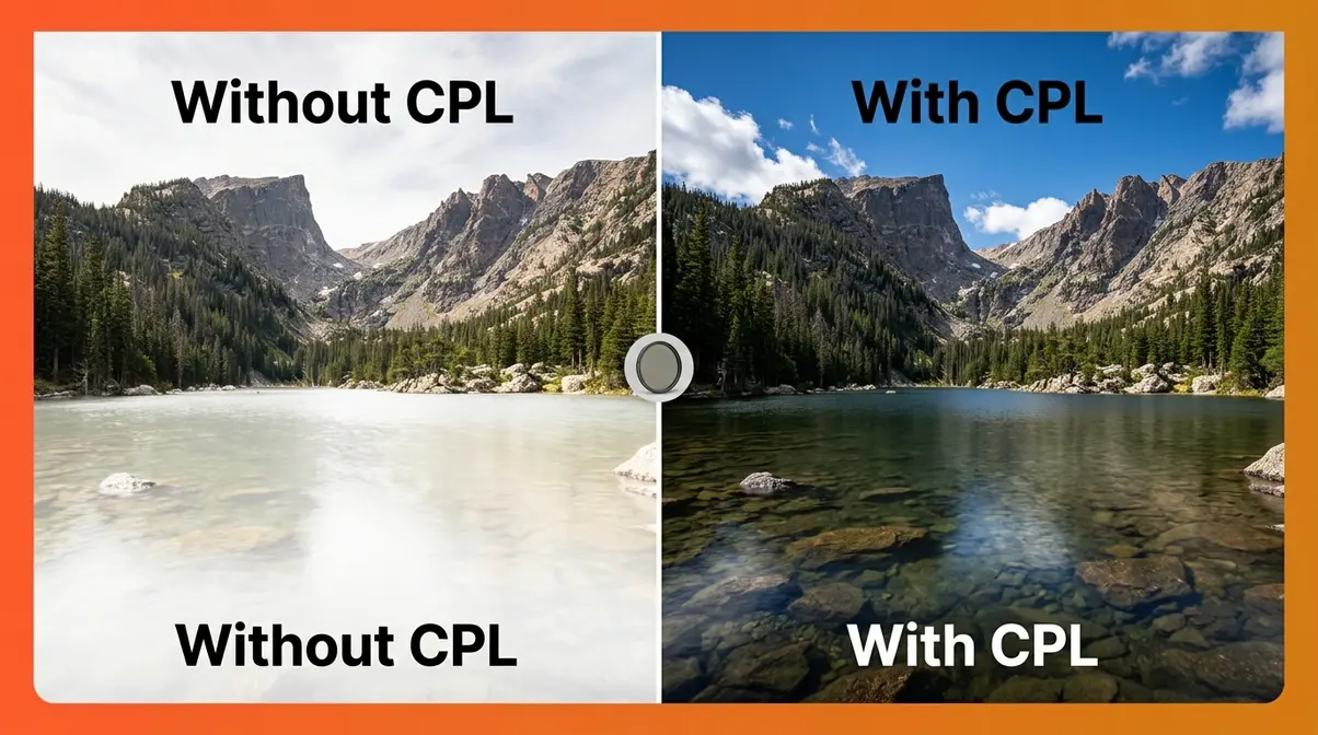 Before and after CPL filter comparison showing reduced glare and deeper blue sky over mountain lake