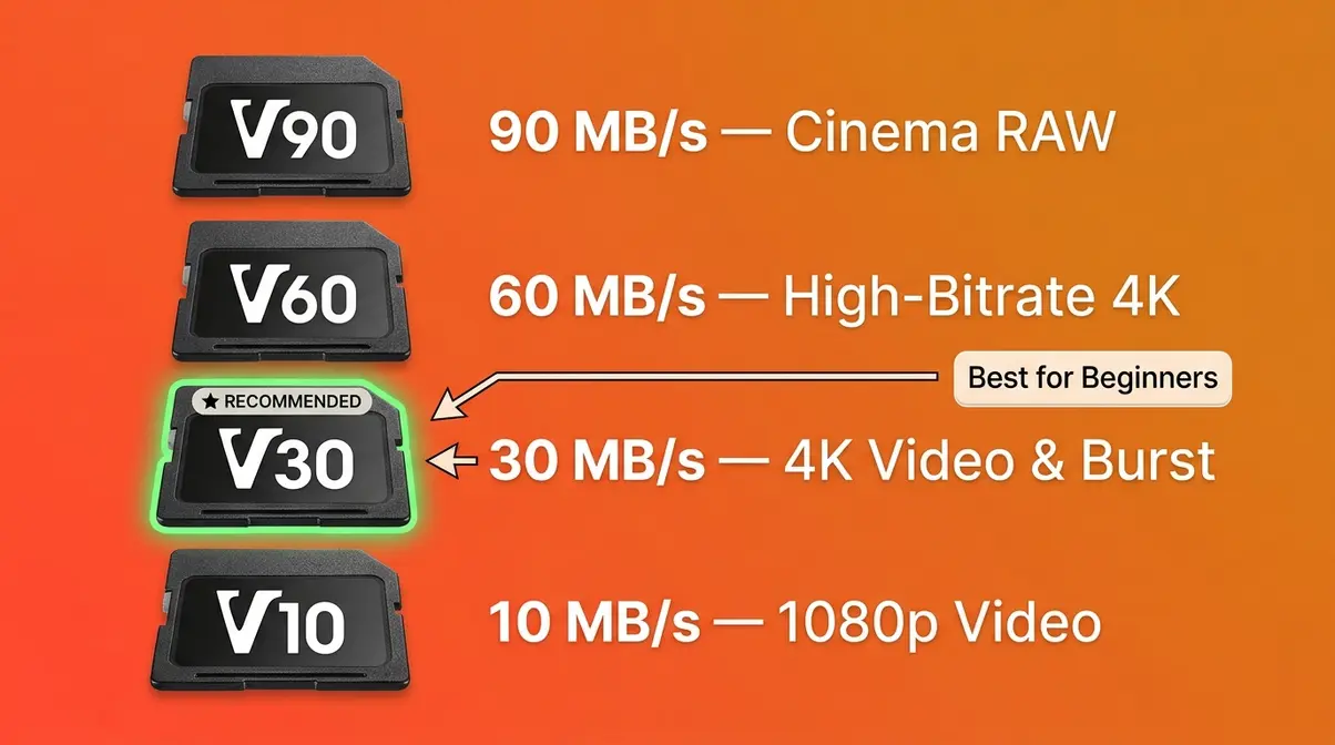 Memory card speed class comparison chart showing V10 V30 V60 and V90 ratings for beginner photographers