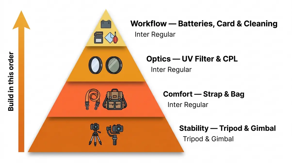 Foundation Stack pyramid diagram showing four beginner photography accessory layers in priority order