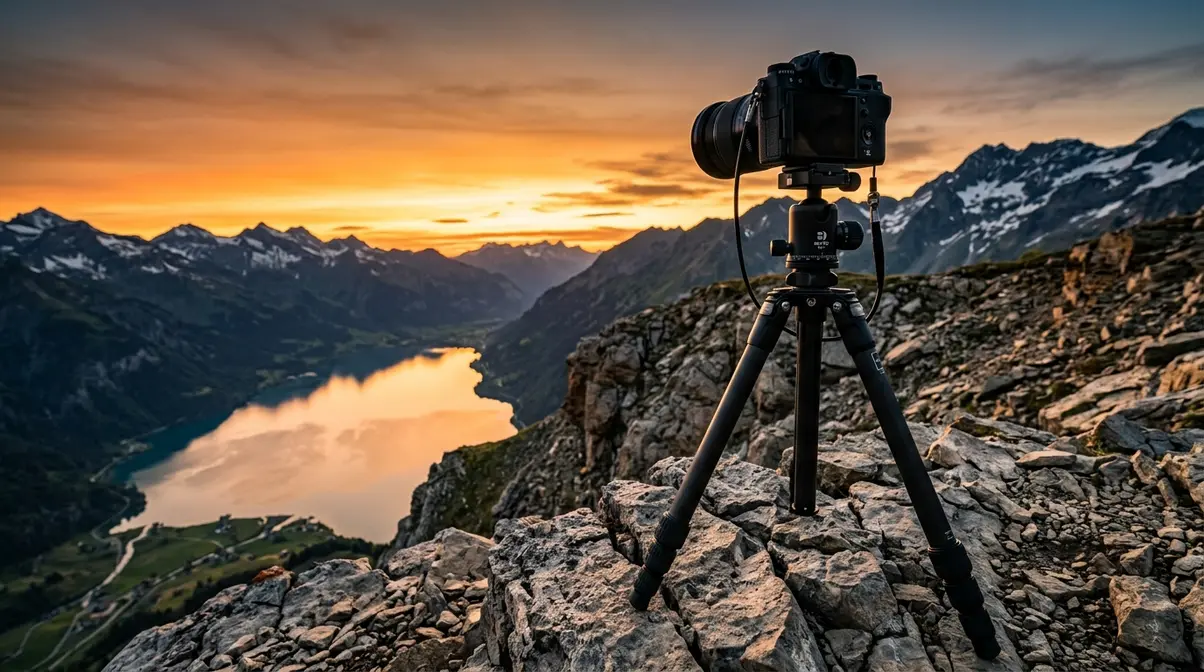 Compact travel tripod set up at dusk for landscape photography with mountain lake in background