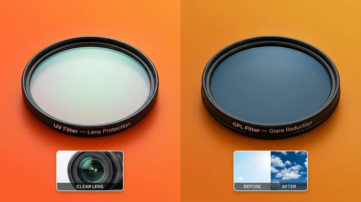 UV filter and CPL circular polarizer filter side by side showing lens protection and glare reduction for beginners