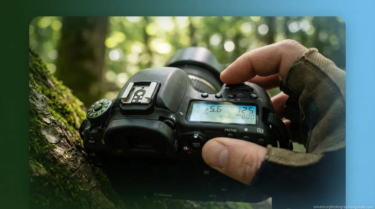 Close-up of DSLR camera controls showing aperture, shutter speed, and ISO settings in a natural forest environment