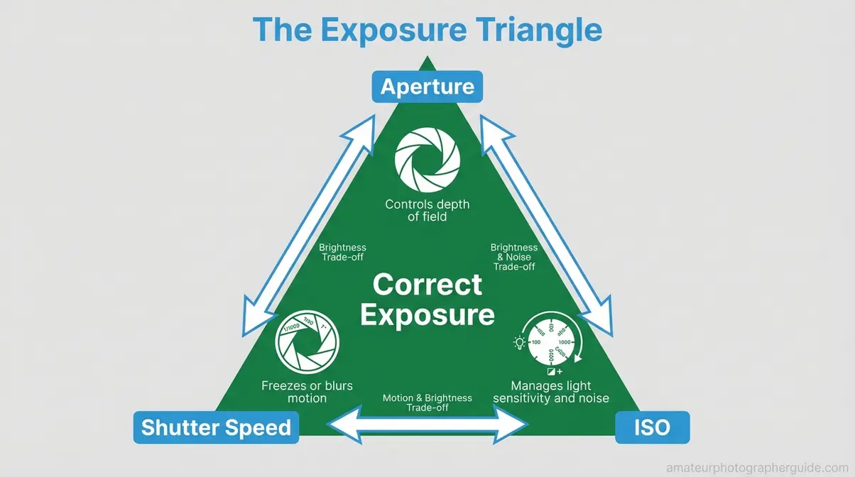 Exposure triangle infographic showing aperture, shutter speed, and ISO relationships for beginner nature photographers