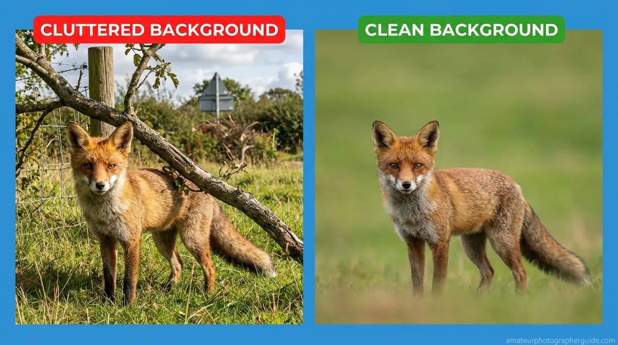 Before-and-after showing red fox with cluttered fence-post background versus clean blurred green background in wildlife photography