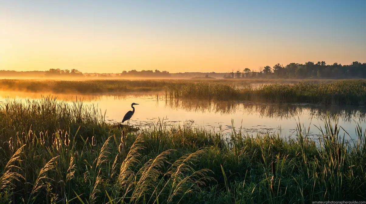 Great blue heron at water's edge during golden hour with warm amber light and long reflections across wetland marsh