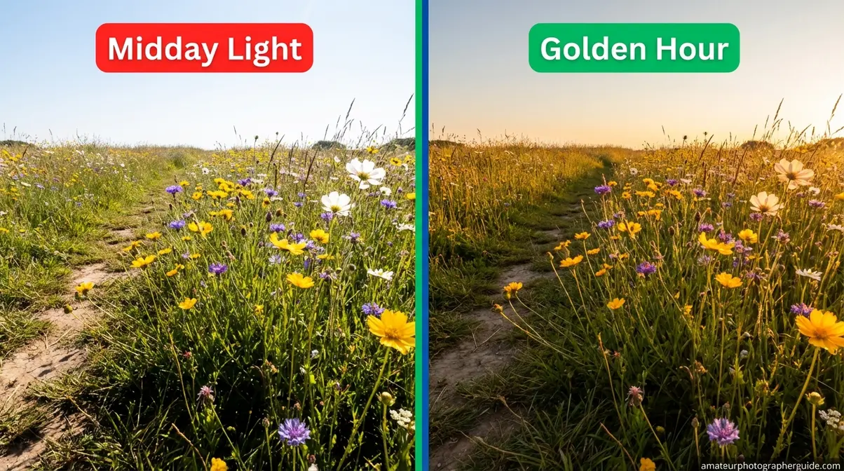 Before-and-after comparison of harsh midday light versus warm golden hour light on the same wildflower meadow