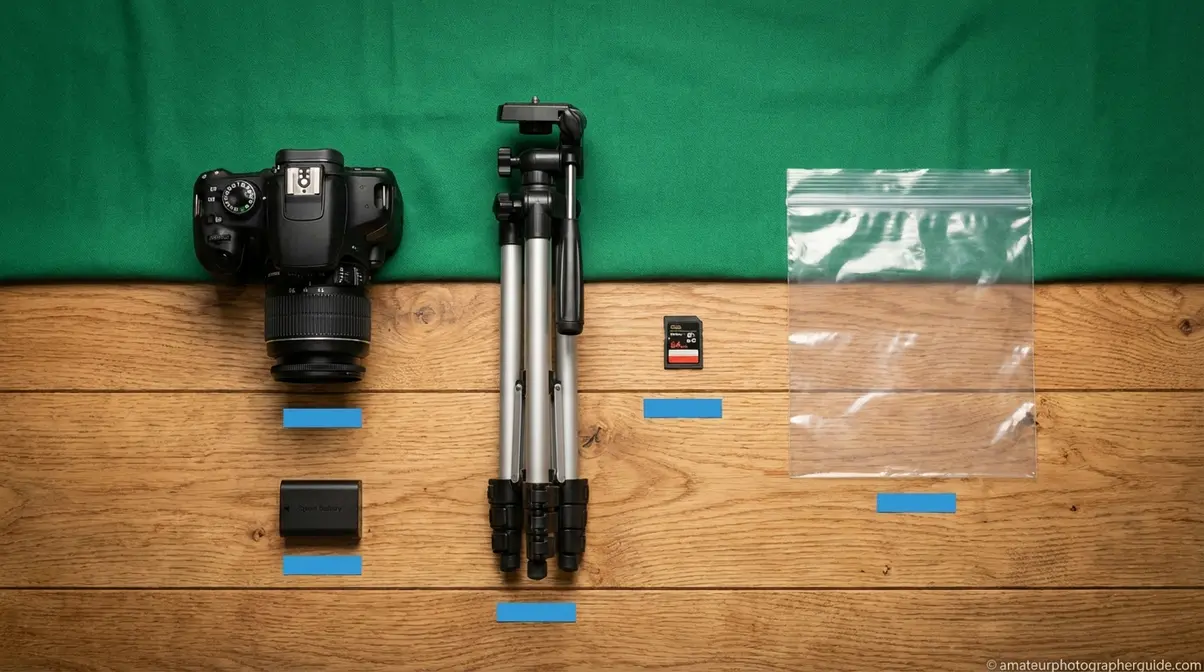 Beginner nature photography starter kit including DSLR camera, kit lens, tripod, spare battery, and memory cards laid flat