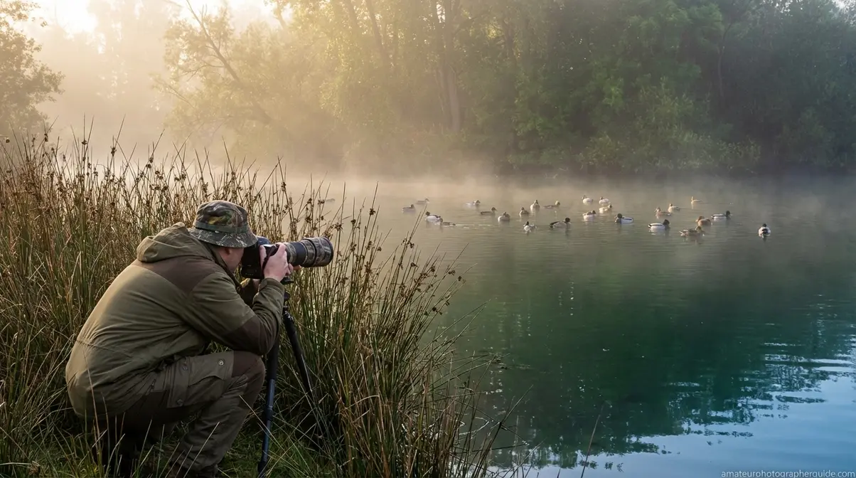 Wildlife photographer crouched behind reeds at respectful distance from ducks on wetland, demonstrating ethical wildlife photography approach