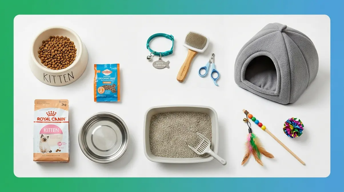 Essential kitten supplies checklist flat lay showing food bowl, breakaway collar, bed, toys, litter box, and grooming tools