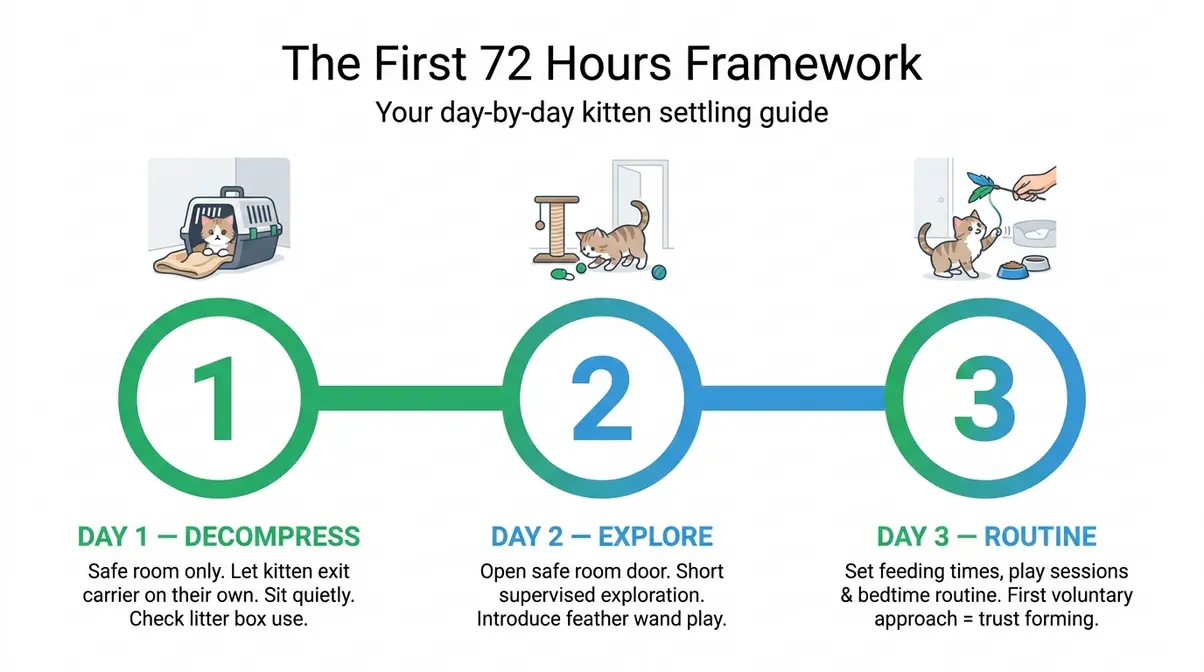 Day-by-day timeline infographic showing the First 72 Hours Framework with Day 1 decompress Day 2 explore Day 3 routine