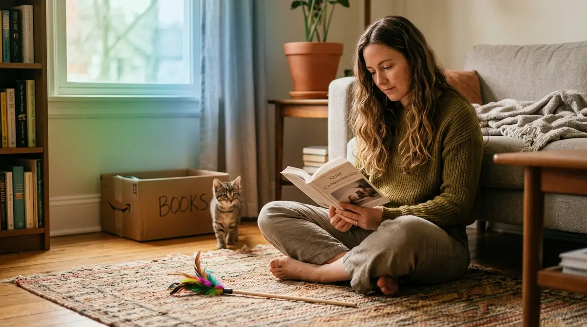 Person sitting at floor level calmly while new kitten approaches during first days behavioral guide