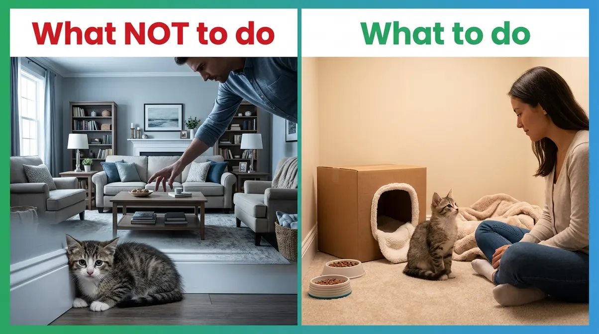 Side-by-side comparison showing common new kitten first week mistakes versus correct approach for new owners