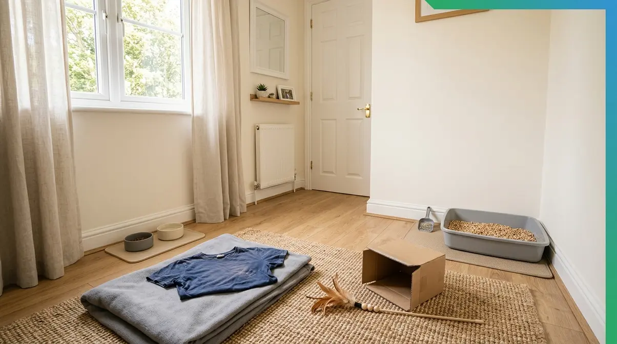 Kitten-proofed safe room setup with litter box, food bowl, bed, and hiding spot ready before new kitten arrives