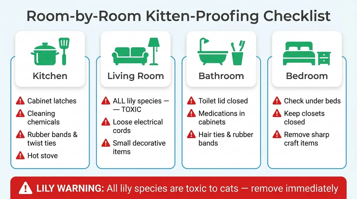 Room-by-room kitten-proofing checklist infographic showing kitchen bathroom and living room hazards for new kitten owners