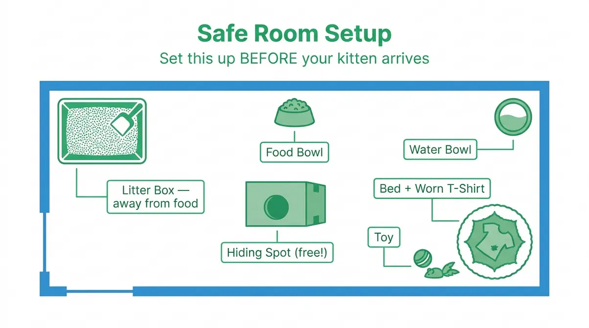 Diagram showing ideal safe room layout with litter box, food, water, bed, and hiding spot for a new kitten checklist