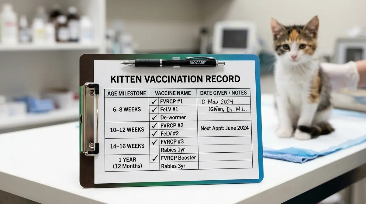Kitten vaccination schedule chart showing FVRCP FeLV and rabies shot timeline from 6 weeks to 12 months