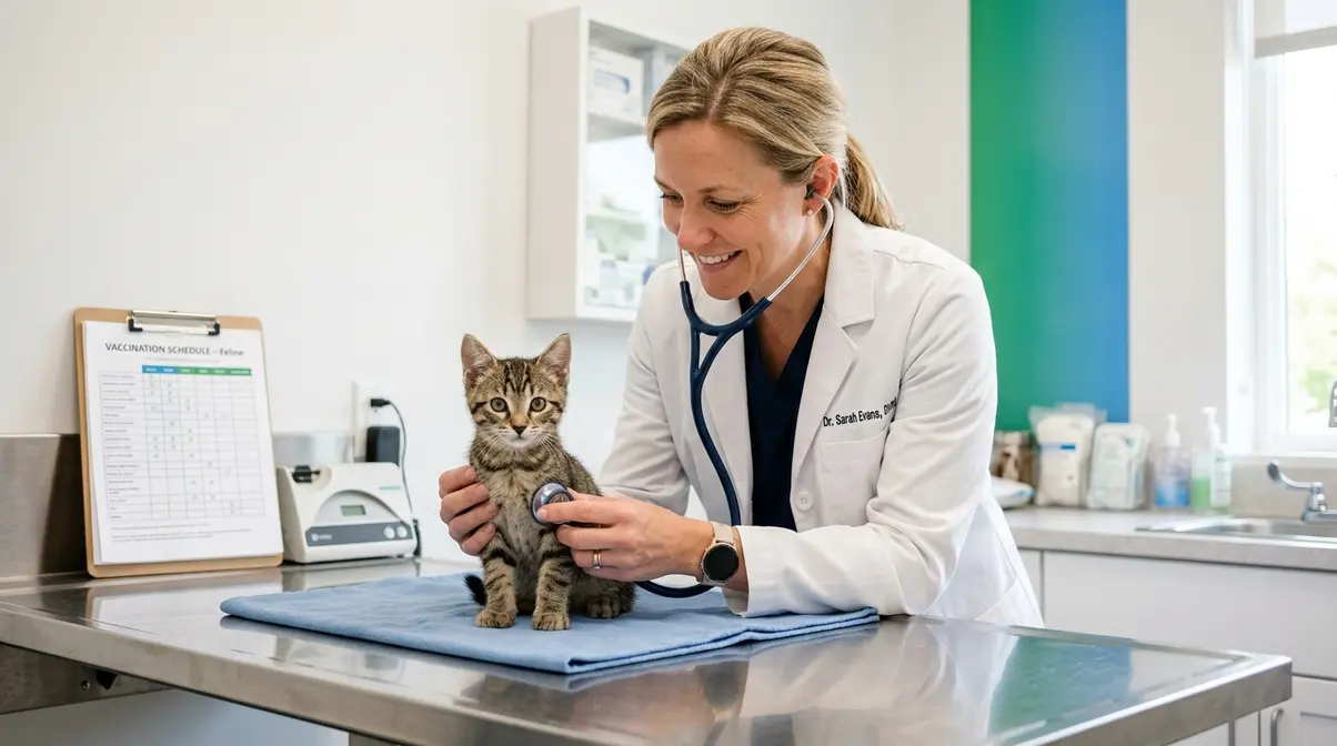 Veterinarian examining a new kitten during first vet visit with vaccination schedule checklist in background
