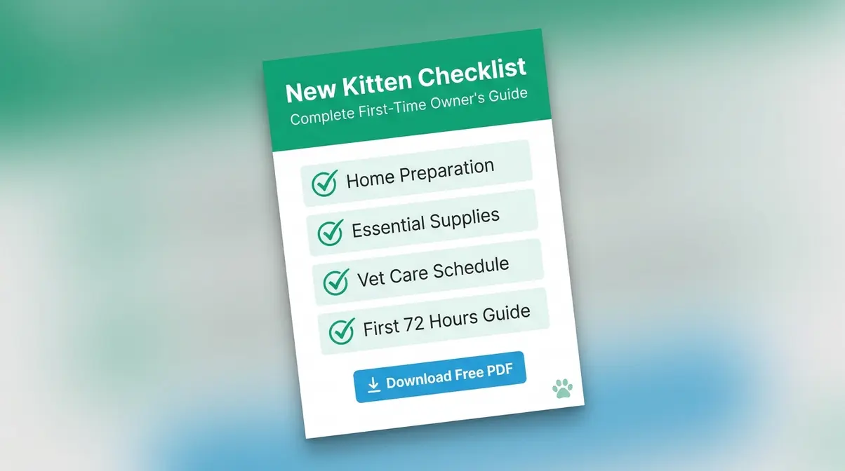 Printable new kitten checklist PDF covering supplies home prep vet care and first 72 hours behavioral guide