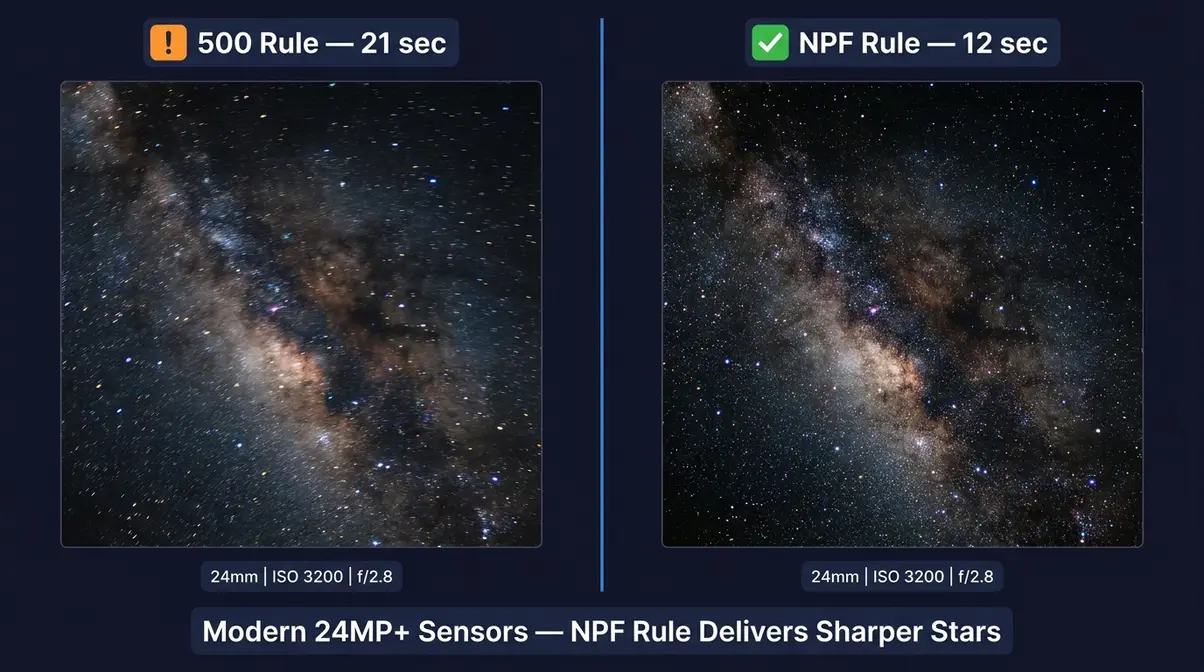 500 rule versus NPF rule star sharpness comparison showing pinpoint stars with NPF rule