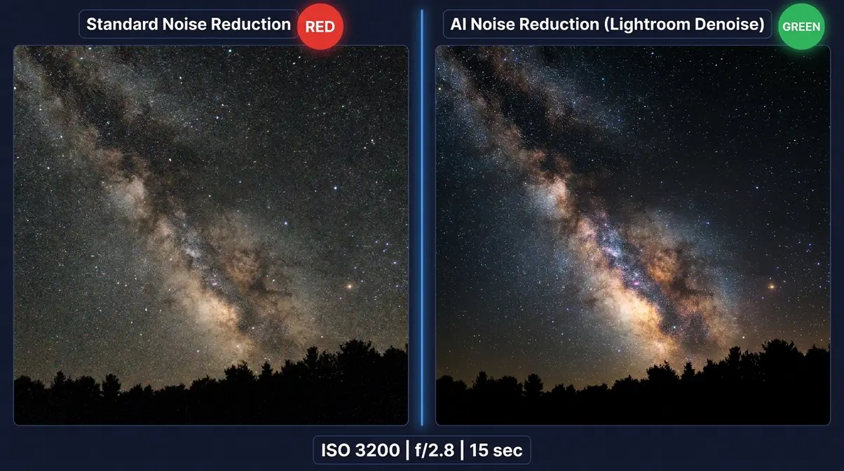 Before and after AI noise reduction comparison for night sky photography at ISO 3200