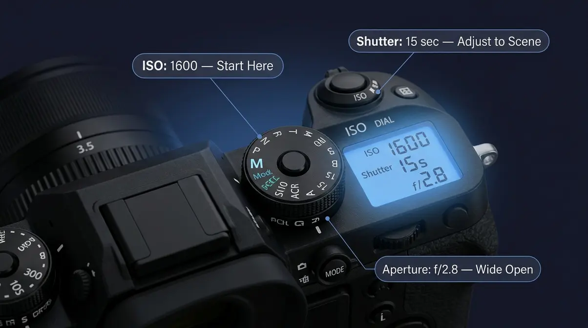 Camera settings for night photography showing manual mode with ISO 1600, f/2.8 aperture, and 15 second shutter
