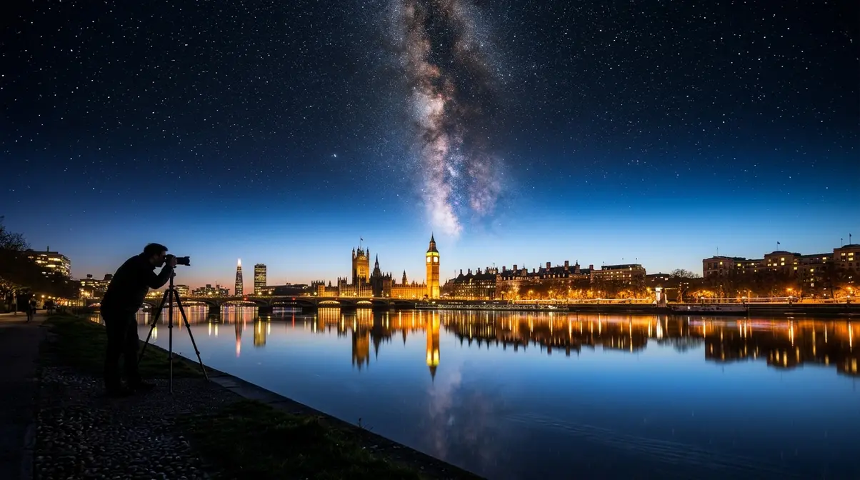 Night photography genres combined — cityscape reflection, Milky Way sky, and silhouetted photographer