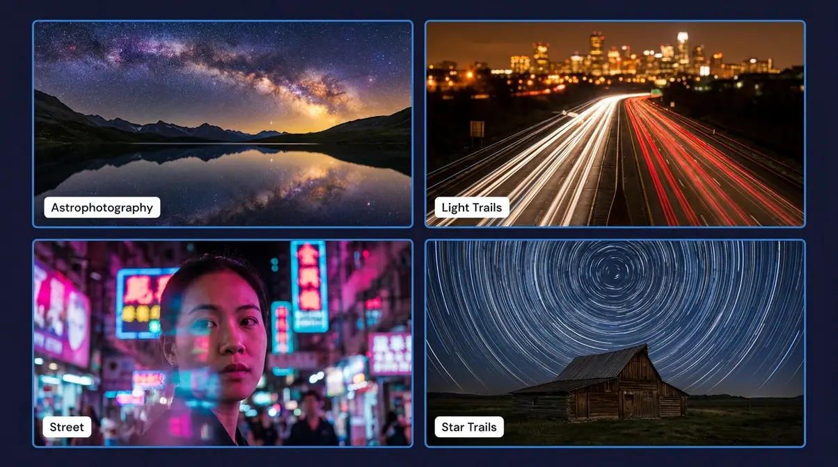Four night photography genres: astrophotography, light trails, street portrait, and star trails