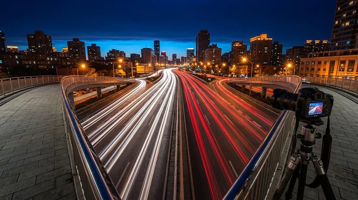 Long-exposure night photography light trails from car headlights on urban highway during blue hour