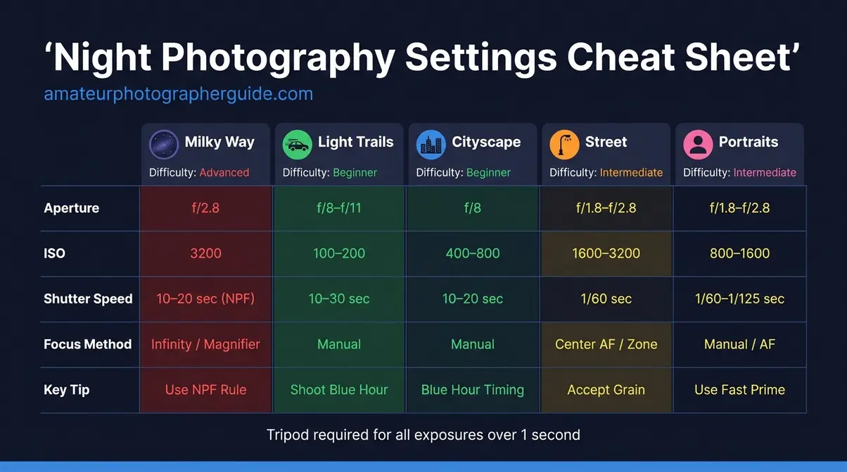 Night photography settings cheat sheet for Milky Way, light trails, cityscape, street, and portrait scenarios