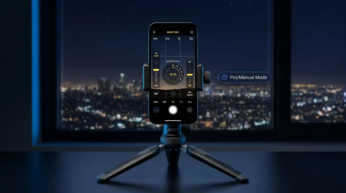 Smartphone mounted on tripod for night photography with manual camera app showing ISO and shutter settings
