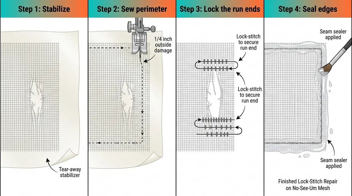 Step-by-step diagram of lock-stitch sewing repair technique on no-see-um tent mesh with needle placement