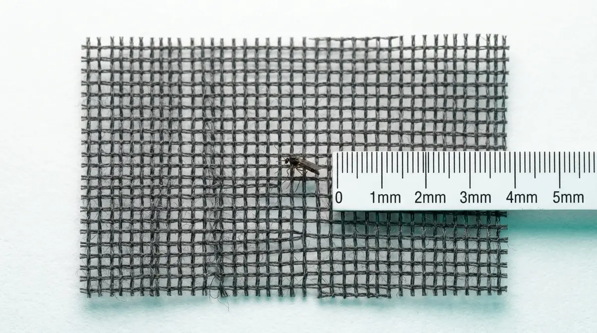 Macro close-up of no-see-um tent mesh fabric showing ultra-fine 20x20 weave grid texture