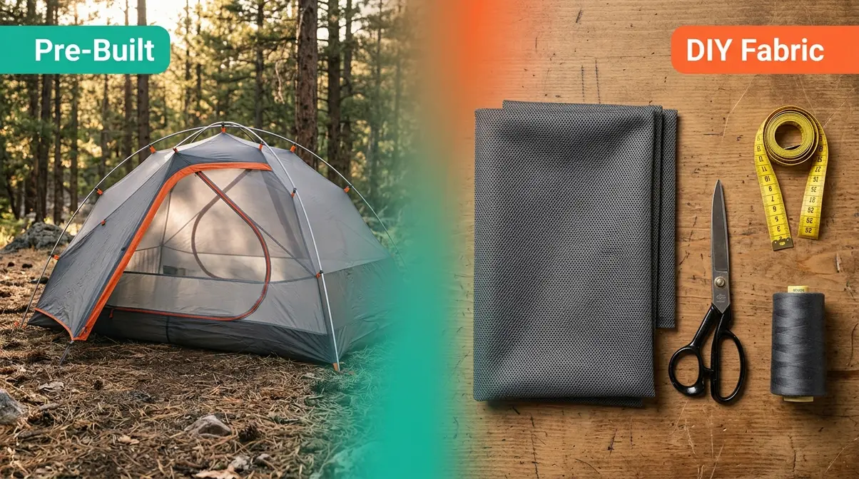Split image comparing pre-built no-see-um tent on left and DIY noseeum mesh fabric with sewing tools on right