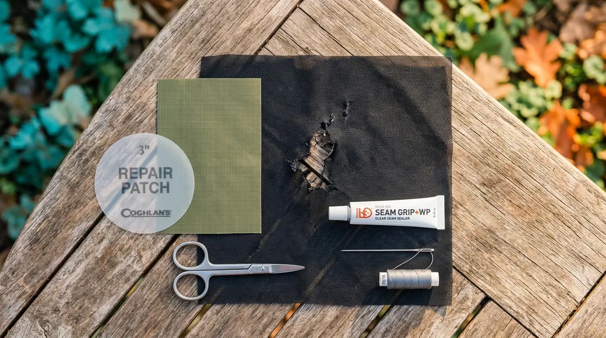 Flat lay of tent mesh repair tools including adhesive patches, scissors, seam sealer, and fine sewing needle