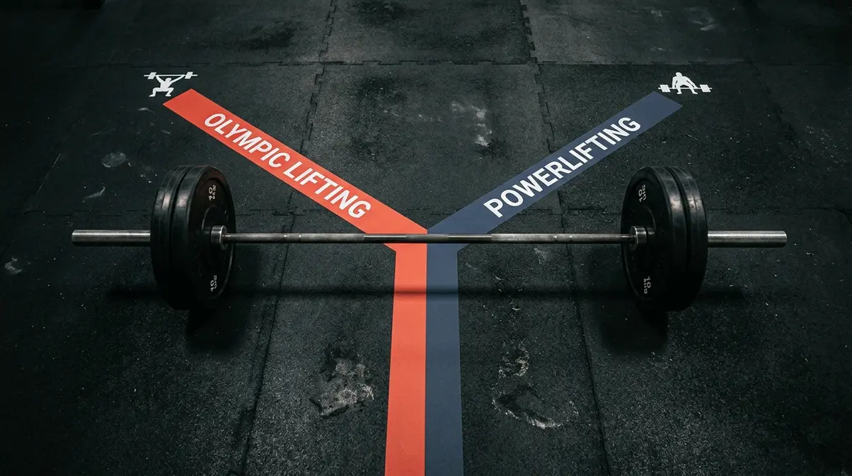 Barbell on gym floor with two diverging paths representing the choice between Olympic lifting and powerlifting