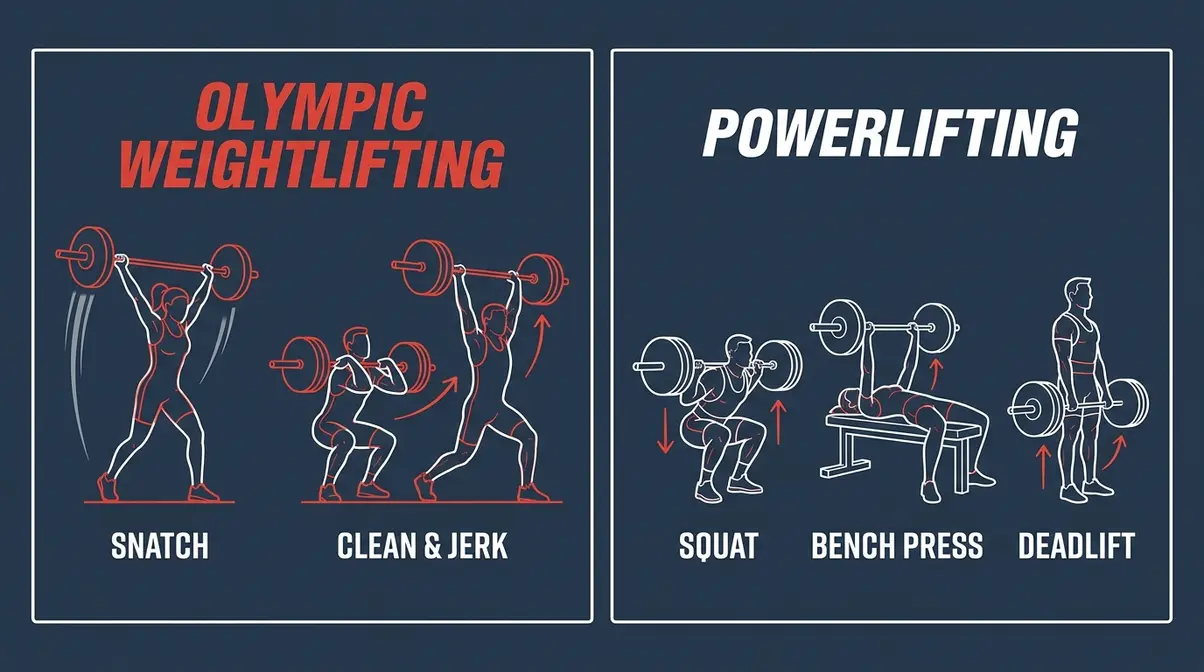 Olympic weightlifting vs powerlifting competition lifts comparison infographic showing all five lifts