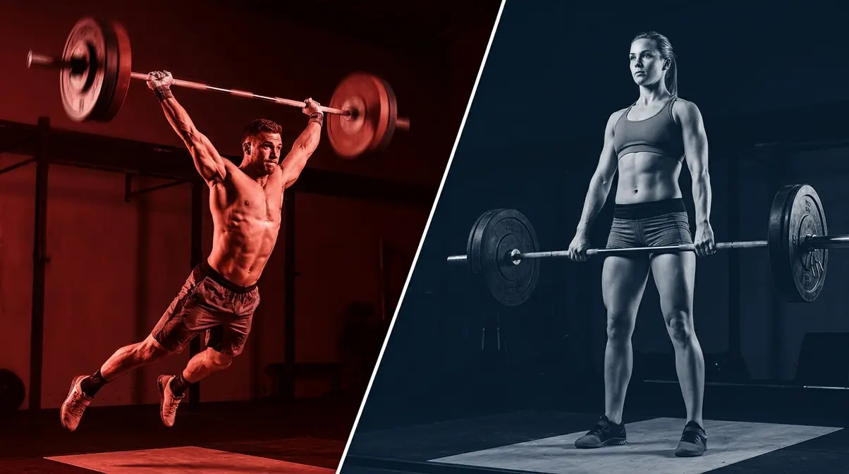 Split image contrasting explosive Olympic lifting power with powerlifting maximal strength deadlift