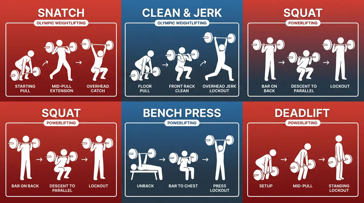 Five competition lifts olympic weightlifting vs powerlifting illustrated comparison showing starting mid and finish positions