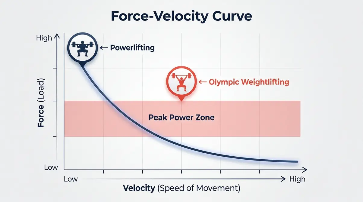 Force-velocity curve graph comparing Olympic weightlifting power zone and powerlifting strength zone