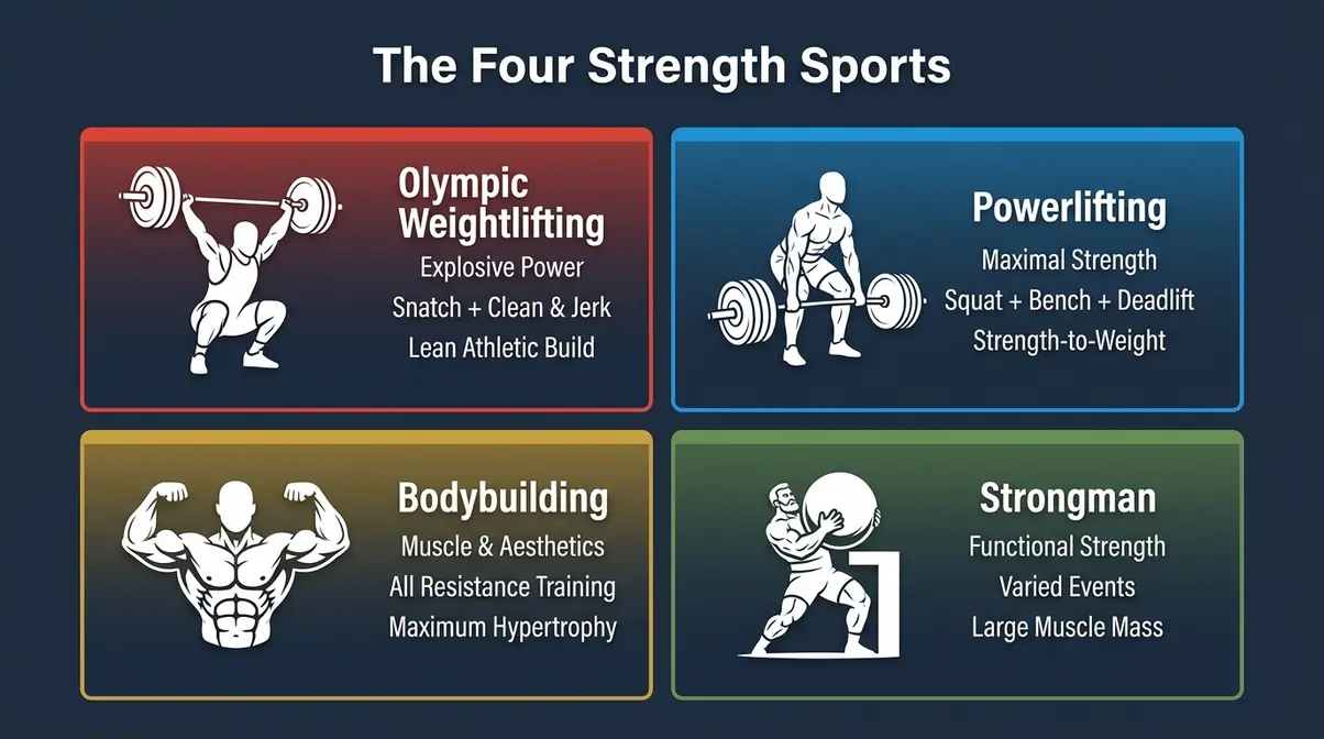 Comparison matrix of four main barbell strength sports: Olympic weightlifting, powerlifting, bodybuilding, and strongman