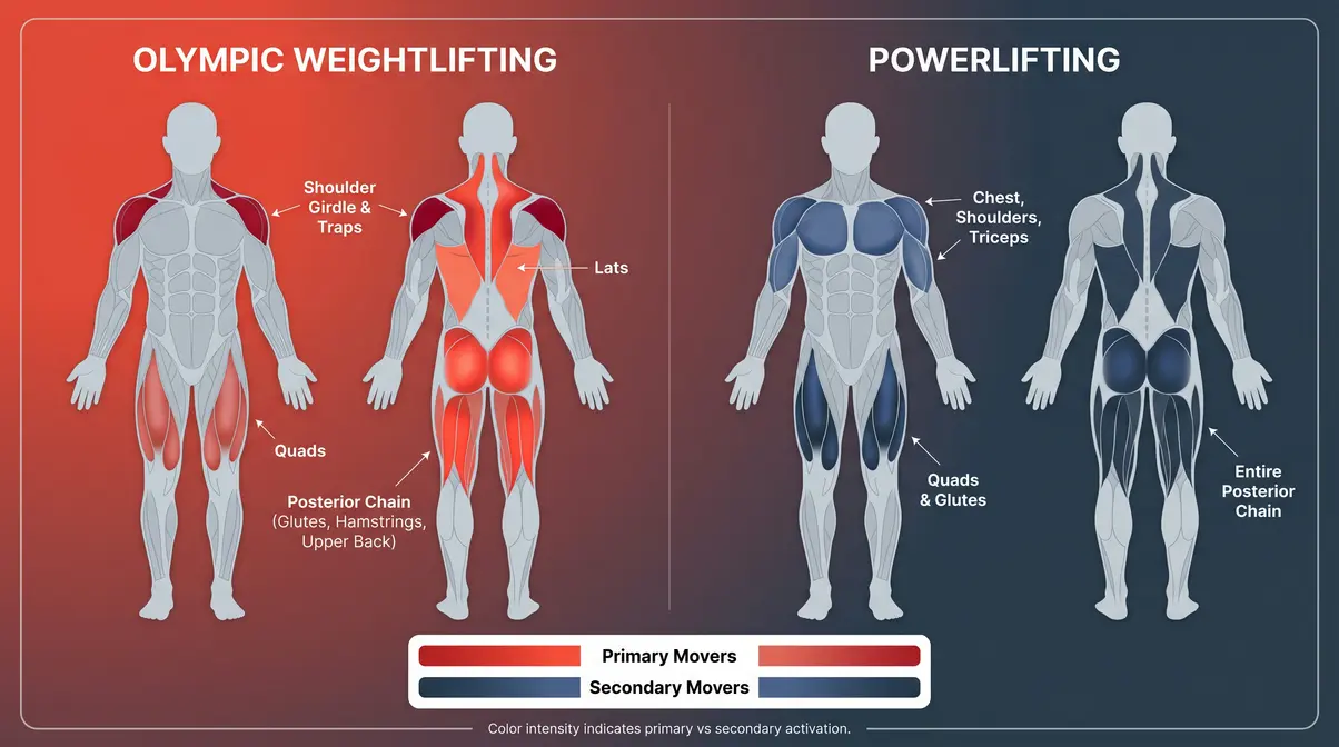 Olympic weightlifting vs powerlifting primary muscle groups comparison body map showing activation zones