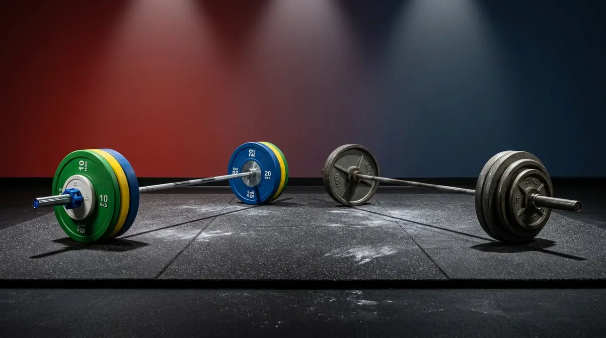 Two barbells side by side representing Olympic weightlifting and powerlifting equipment setups