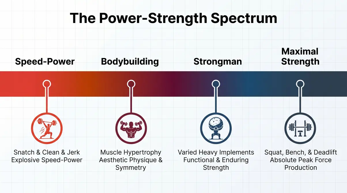 The Power-Strength Spectrum showing olympic weightlifting vs powerlifting vs bodybuilding vs strongman on a single axis