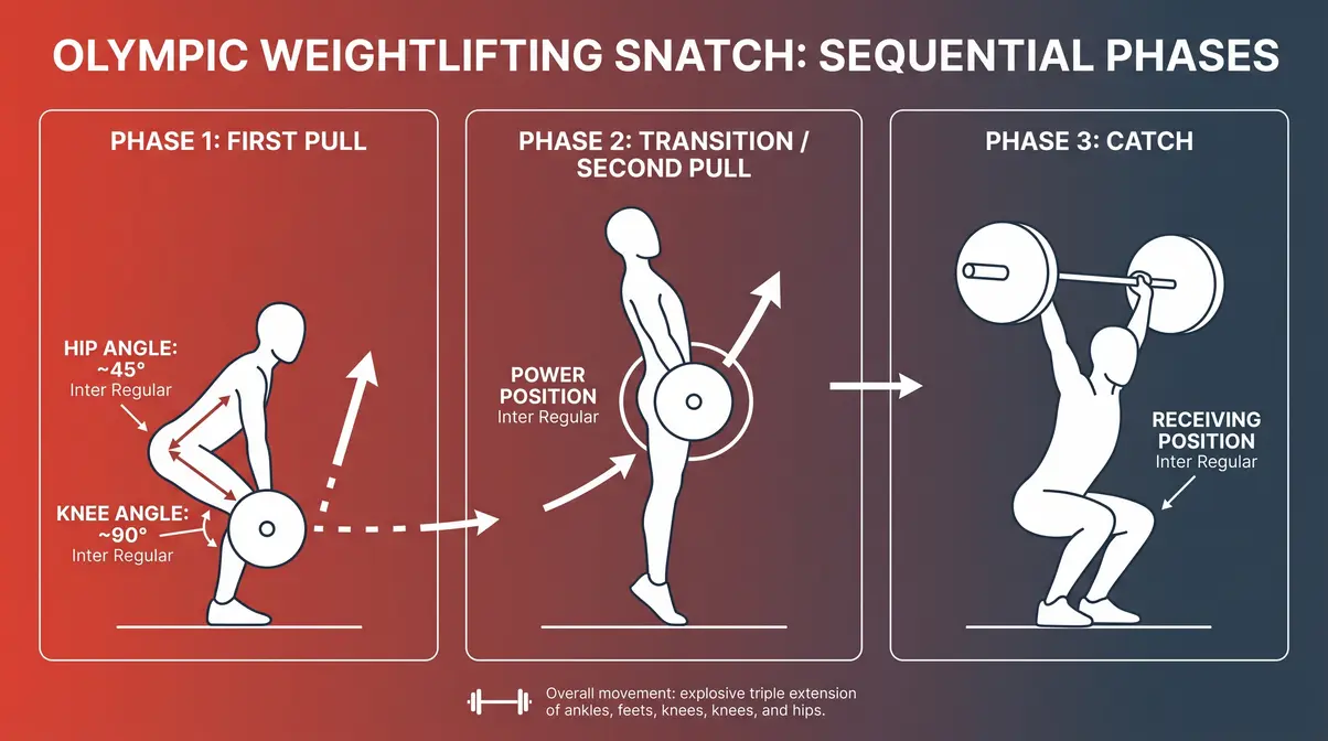 Olympic weightlifting snatch three phases illustrated guide showing first pull transition and catch positions