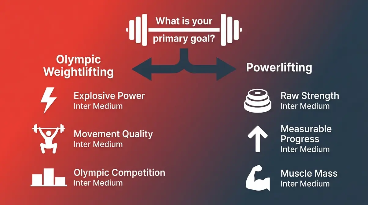 Sport selection decision framework showing olympic weightlifting versus powerlifting goal-based choice paths